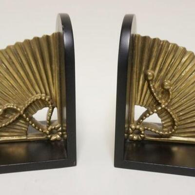 1015	SOLID BRASS FAN BOOKENDS MOUNTED ON WOODEN SIDES APP. 8 IN X 7 IN 
