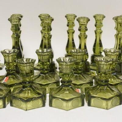 1077	21 OLIVE GREEN FOSTORIA CANDLESTICKS TWO SIZES, TALLEST 8 1/4 IN H 
