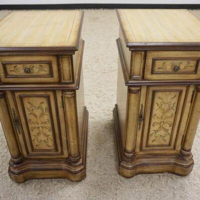 1036	PAIR OF PAINT DECORATED ONE DOOR ONE DRAWER BED SIDE STANDS. APP. 16 IN W X 20 IN DEEP X 31 IN H 
