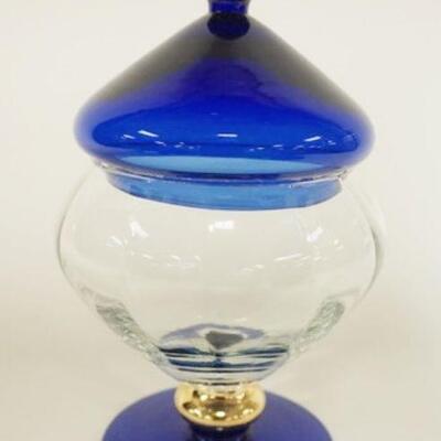 1006	COVERED FOOTED COMPOTE COBALT BASE W/ GOLD RIM & RIBBED CLEAR GLASS CENTER APP. 9 IN H 
