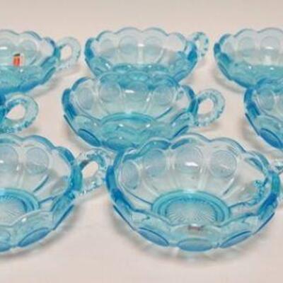 1079	10 BLUE FOSTORIA COIN GLASS SMALL CANDY DISHES 6 3/4 IN ACROSS HANDLE
