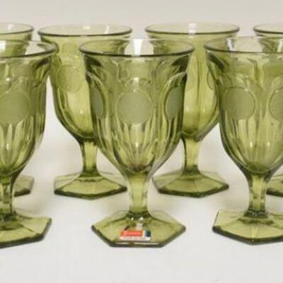 1071	11 OLIVE GREEN FOSTORIA COIN GLASS GOBLETS, 6 1/2 IN H 
