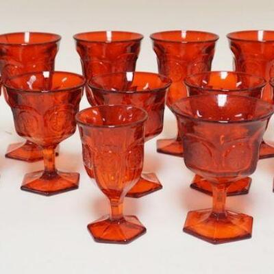 1083	13 PIECES OF RUBY RED FOSTORIA COIN GLASS LOT INCLUDES GOBLETS, TUMBLER, SHERBERTS & A WINE GLASS. TALLEST 6 1/2 IN H 

