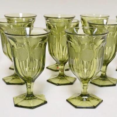 1072	10 OLIVE GREEN FOSTORIA COIN GLASS GOBLETS, SLIGHT VARIATION IN HEIGHTS BETWEEN 6 1/2 IN - 6 5/8 IN H 
