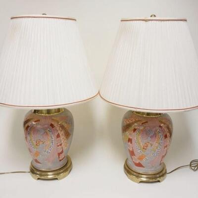 1018	FREDRICK COOPER BRASS TABLE LAMPS W/ A CLOISONNE FINISH 29 IN H 
