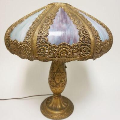 1007	ANTIQUE SLAG GLASS LAMP HAS 8 PANELS APP. 23 IN H 
