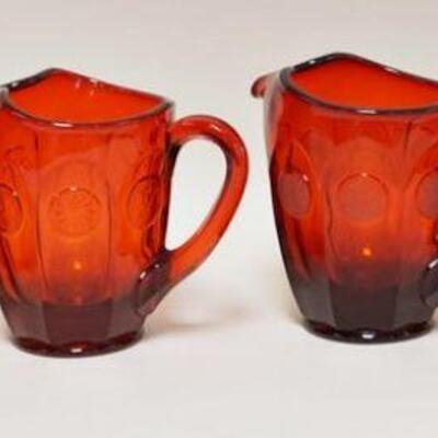 1088	4 RUBY RED FOSTORIA COIN GLASS PITCHERS, 7 IN H 
