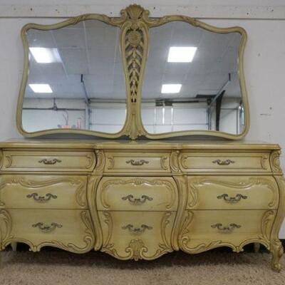 1039	FRENCH PROVINCIAL 9 DRAWER CHEST, PAINTED W/ORNATE DOUBLE MIRROR, APPROXIMATELY 80 IN WIDE X 22 IN DEEP X 34 IN HIGH
