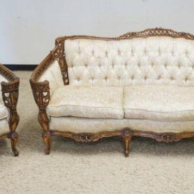 1046	VINTAGE PIERCED CARVED SOFA & ARMCHAIR W/TUFTED UPHOLSTEREY BACK & STAINING ON UPHOLSTERY
