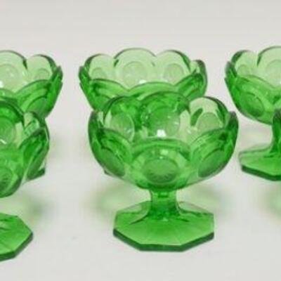 1089	8 EMERALD GREEN FOSTORIA COIN GLASS JELLY DISHES, 4 IN H 
