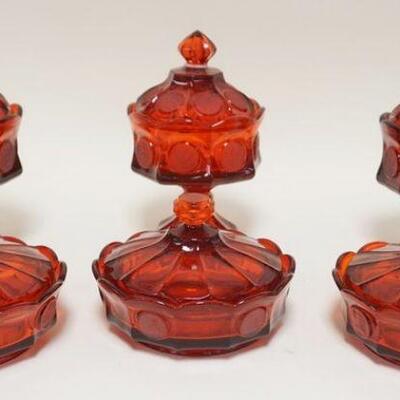 1076	6 PIECES  OF RUBY RED FOSTORIA COIN GLASS LOT INCLUDES THREE WEDDING BOWLS & THREE COVERED CANDY DISHES. WEDDING BOWLS APP 9 1/4 IN H 
