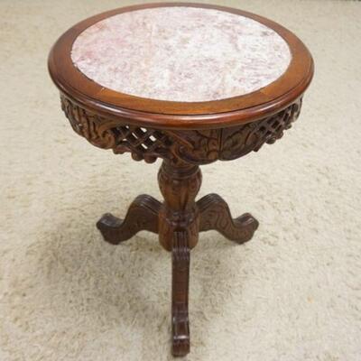 1028	ROSE MARBLE INSET LAMP TABLE W/PIERCED CARVED SKIRT, COLUMN & LEGS, APPROXIMATELY 22 IN X 30 IN HIGH

