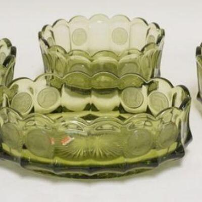 1098	4 OLIVE GREEN FOSTORIA COIN GLASS BOWLS, 3 ROUND 1 OVAL. OVAL BOWL 9 IN 
