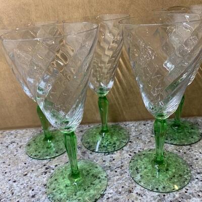 (5) HC Fry Diamond Optic Green Stem Wine Glasses