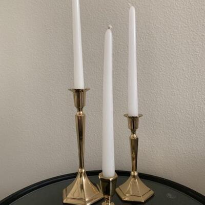 1 of 2 sets in this Auction, (3) Brass Candlestick Holders w/ Tapered Candles