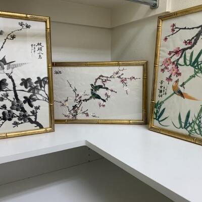 Trio of Asian Bird Prints in Gold Bamboo Frames
