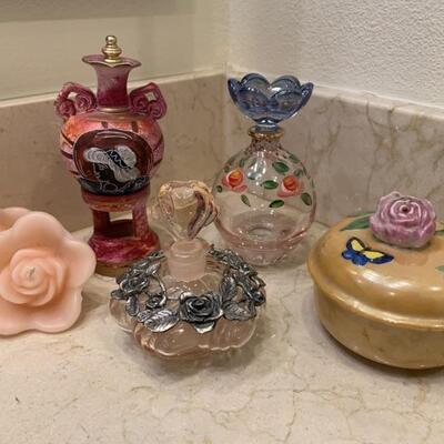 (6) Vanity Top: 3-Perfume Bottles, 1-Trinket Box, & 2-Floating Candles