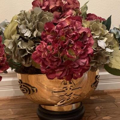 Copper Asian Bowl with Faux Flowers on Stand