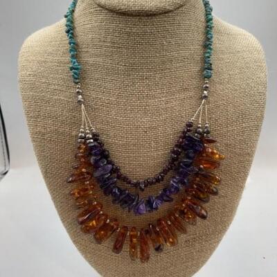 925 Silver Necklace w/ Amber, Amethyst, Garnet, & Turquoise Stones 8.5 inches in length total weight is 52 grams