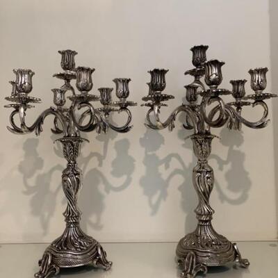 Pair Silver Tone Bronze Rococo 7-Light Candelabras