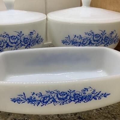 (3) Vintage Federal Glass Blue Roses: 1-Loaf Pan, & 2-Lidded Bowls