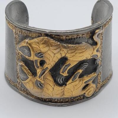 Vintage MMA 1978 Pewter and Gold Trimmed Middle Eastern Antiquities Reproduction Cuff Bracelet