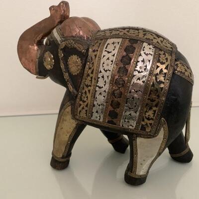 Carved Elephant Dressed in Copper, Silver-Tone, & Brass- Trunk's up for good luck!