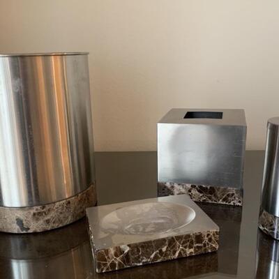 (4) Bathroom Set of Marble & Stainless Steel:
Trash Can, Liquid Soap Dispenser, Soap Holder, Tissue Holder