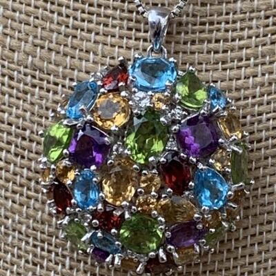 Sterling Silver Necklace with Large Gemstones -
Blue Topaz, Peridot, Amethyst, Citrine, Garnets