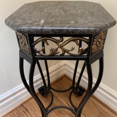 Gold & Black Metal Accent Table w Brown Marble Top