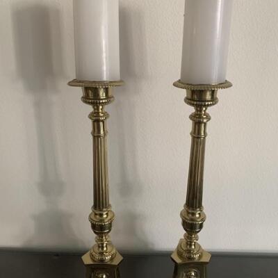 (2) Solid Brass Pillar Candle Holders with Candles