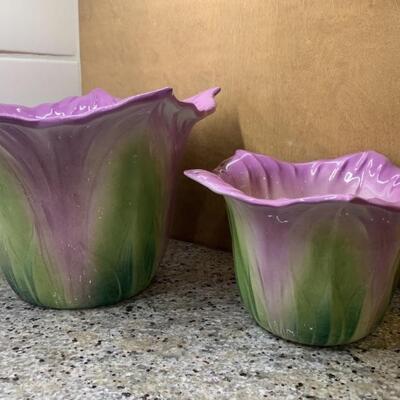 (2) Hand Painted Ceramic Tulip Vases, Italy