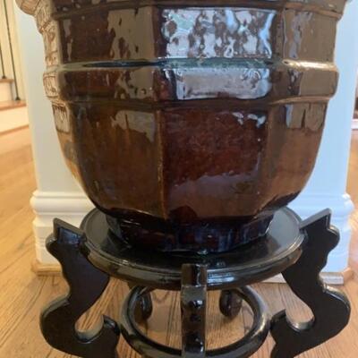 1 of 2 Glazed Pot with Wood Stand