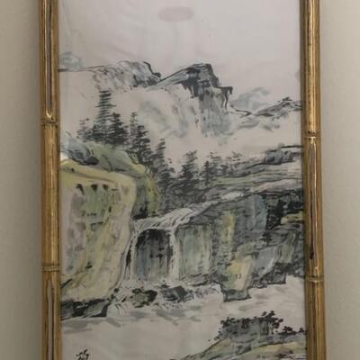 Asian Print in Mid Century Gold Bamboo Frame