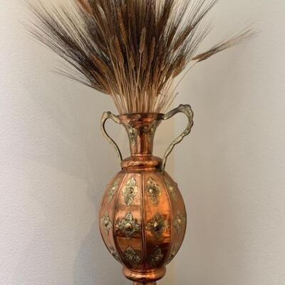 Copper & Brass Handled Vase w/ Dried Wheat