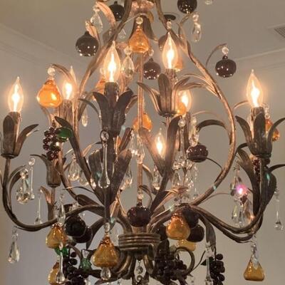 Italian Tole Gilt Gold Crystal Chandelier with
Crystal Prisms, Grape Clusters, Apples, & Pears - Very unique!
