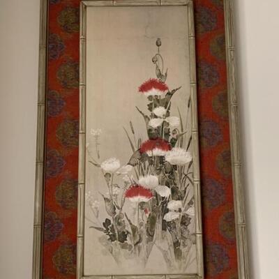 Asian Silk Painting in Mid Century Bamboo Frame