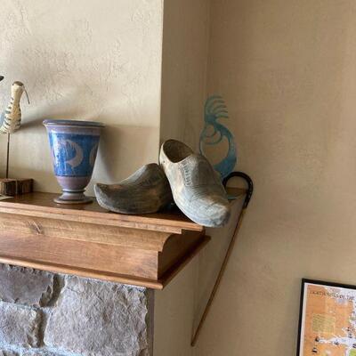 Klompen (wooden shoes) and  kokopelli figure and vase