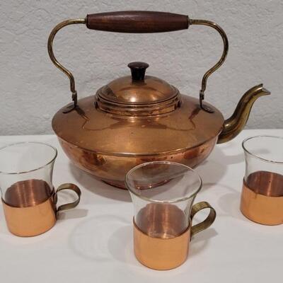 (4) Copper: 1-Vintage Copper & Brass Kettle +
(3) Irish Coffee Glasses are Copper Holders with Glass Demitasse Cups