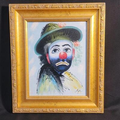 Oil on Canvas Sad Clown in Gilt Gold Frame