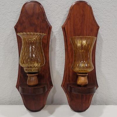 (2) Vintage Wood & Amber Glass Sconces, as is