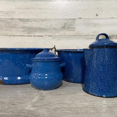 Antique Blue Speckled Enamel Cookware