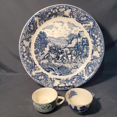 (3) Blue & White Dishes: 1-Blue Willow Saucer, +
1-English Manor Scene with Horse Drawn Carriage 14.5in Centerpiece Bowl, marked Sanyei,...