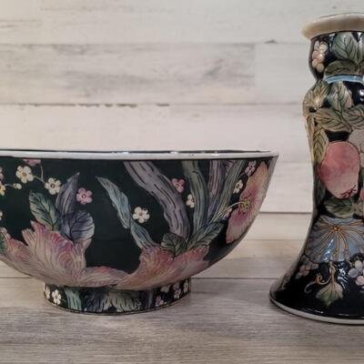 Vintage Chinese Famille Noire Bowl & Candlestick