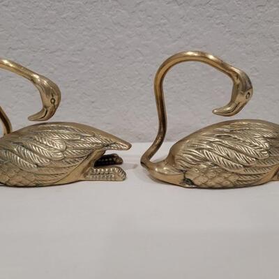 Mid Century Heavy Brass Pair of Swans