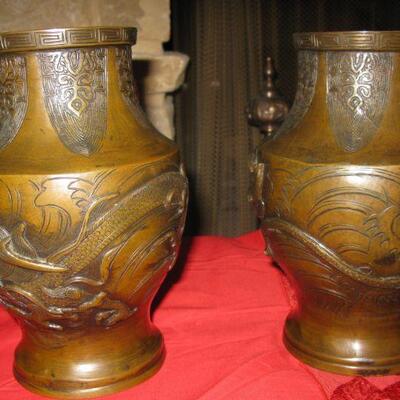 19th century Japanese Meiji Bronze  raised dragon vases 