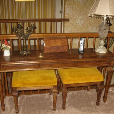 sofa hall table with under stools,                                                          TABLE  $ 85.00   STOOLS  $ 25.00 EACH