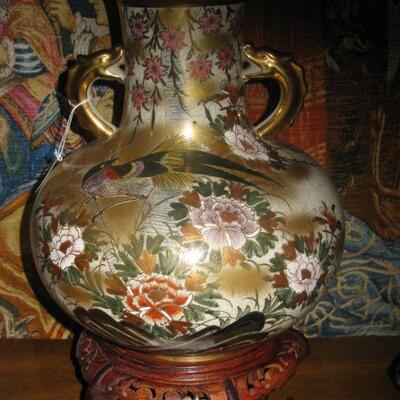 Large Asian vase with handles and wood stand                                          BUY IT NOW $ 245.00
