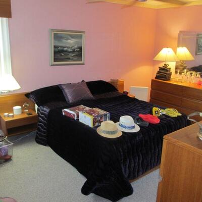 Danish modern "mid-century styled" platform queen bed w/ attached nightstands by Bova Furniture.