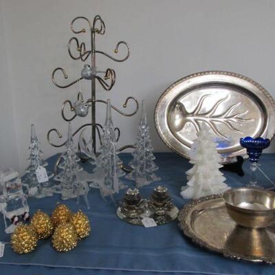 Multiple vintage fine silver-plated serving pieces, gold name card holders, crystal Christmas trees collection, metal tree ornament stand